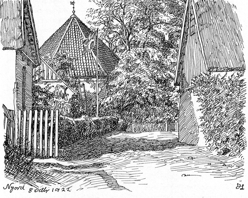 Nyord Kirke tegnet af Johannes Larsen i efteråret 1922