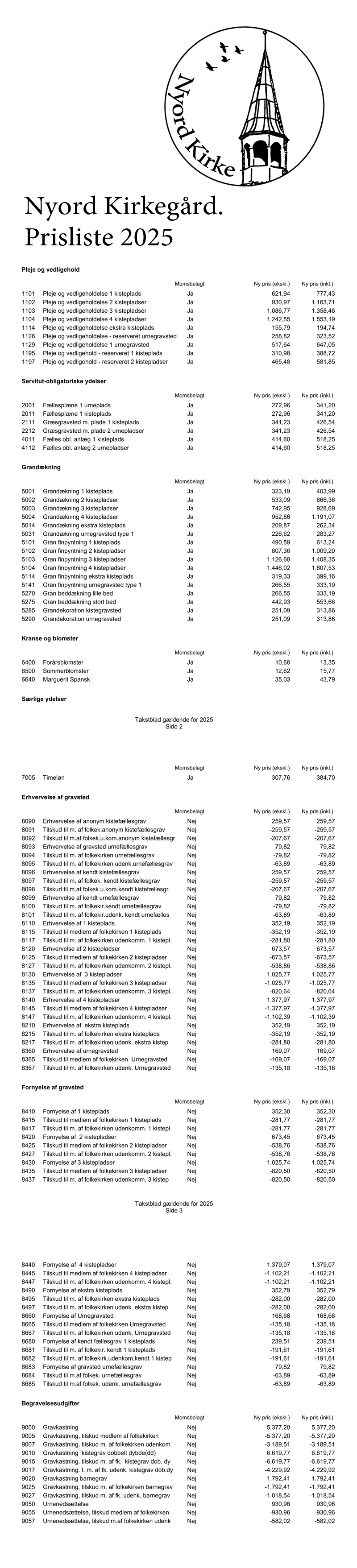 Nyord Kirkegaard - prisliste 2025